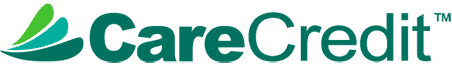 CareCredit logo teal wordmark with green and blue abstract leaf shapes on the left on a teal background branding image CareCredit Logo